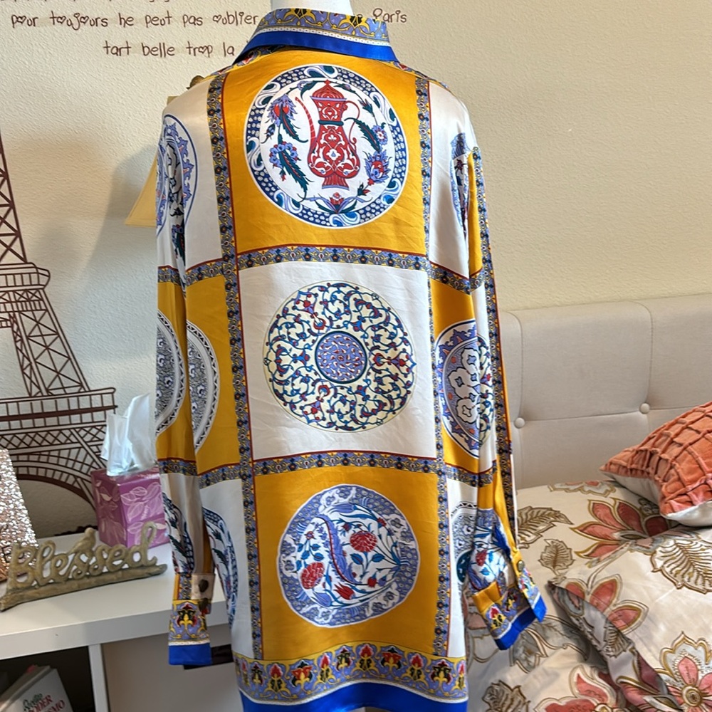Massardi Gold Label vintage silk Imari blues/golds blouse/tunic size XL - Picture 2 of 12